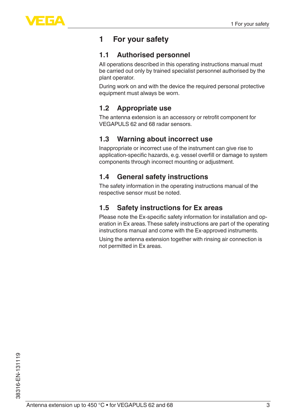 1 for your safety, 1 authorised personnel, 2 appropriate use | 3 warning about incorrect use, 4 general safety instructions, 5 safety instructions for ex areas | VEGA VEGAPULS 68 Antenna extension up to 450 °C User Manual | Page 3 / 16
