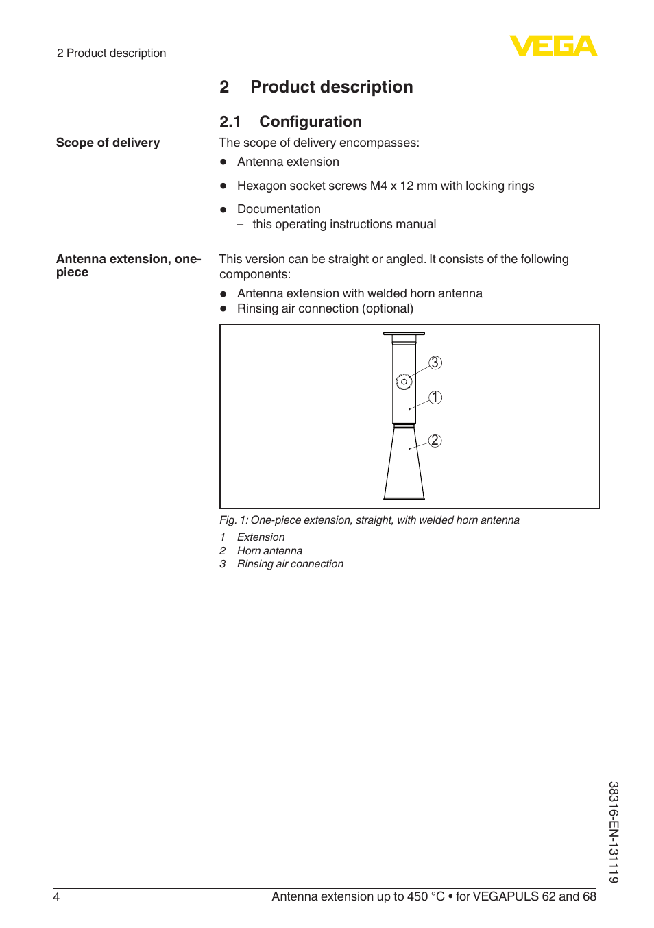 2 product description, 1 configuration | VEGA VEGAPULS 68 Antenna extension up to 450 °C User Manual | Page 4 / 16