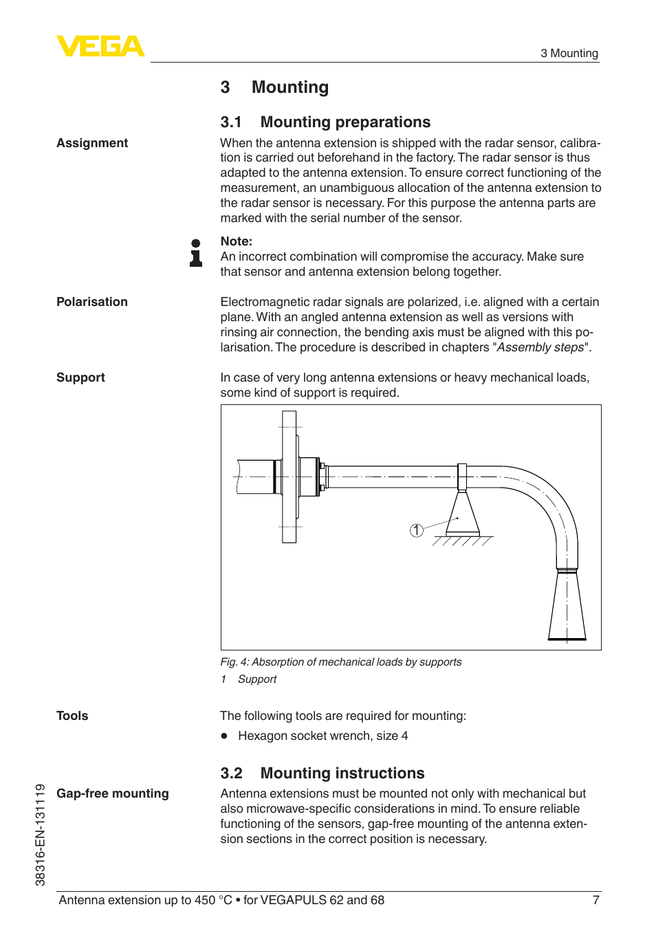 3 mounting, 1 mounting preparations, 2 mounting instructions | VEGA VEGAPULS 68 Antenna extension up to 450 °C User Manual | Page 7 / 16