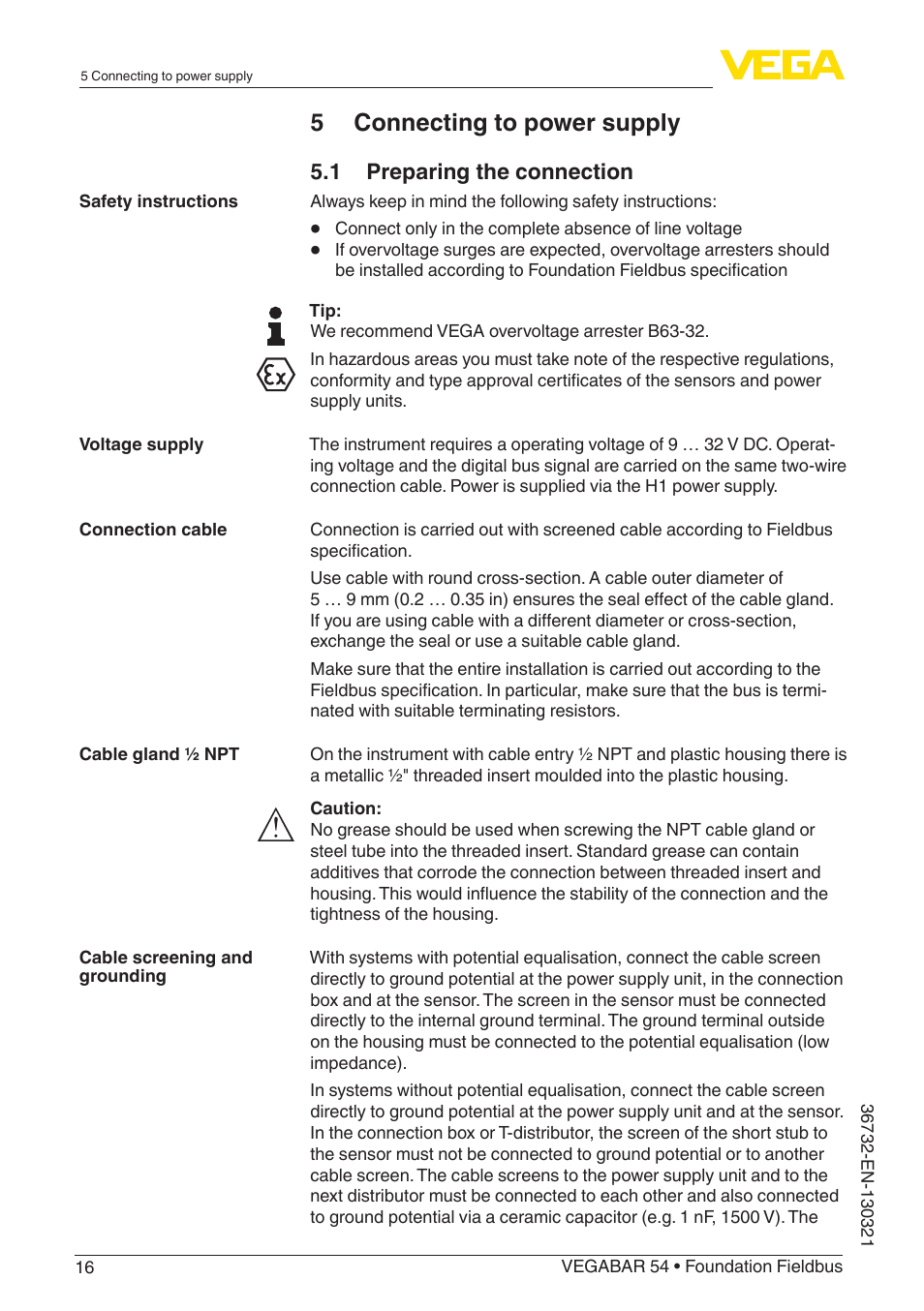 5 connecting to power supply, 1 preparing the connection | VEGA VEGABAR 54 Foundation Fieldbus User Manual | Page 16 / 72