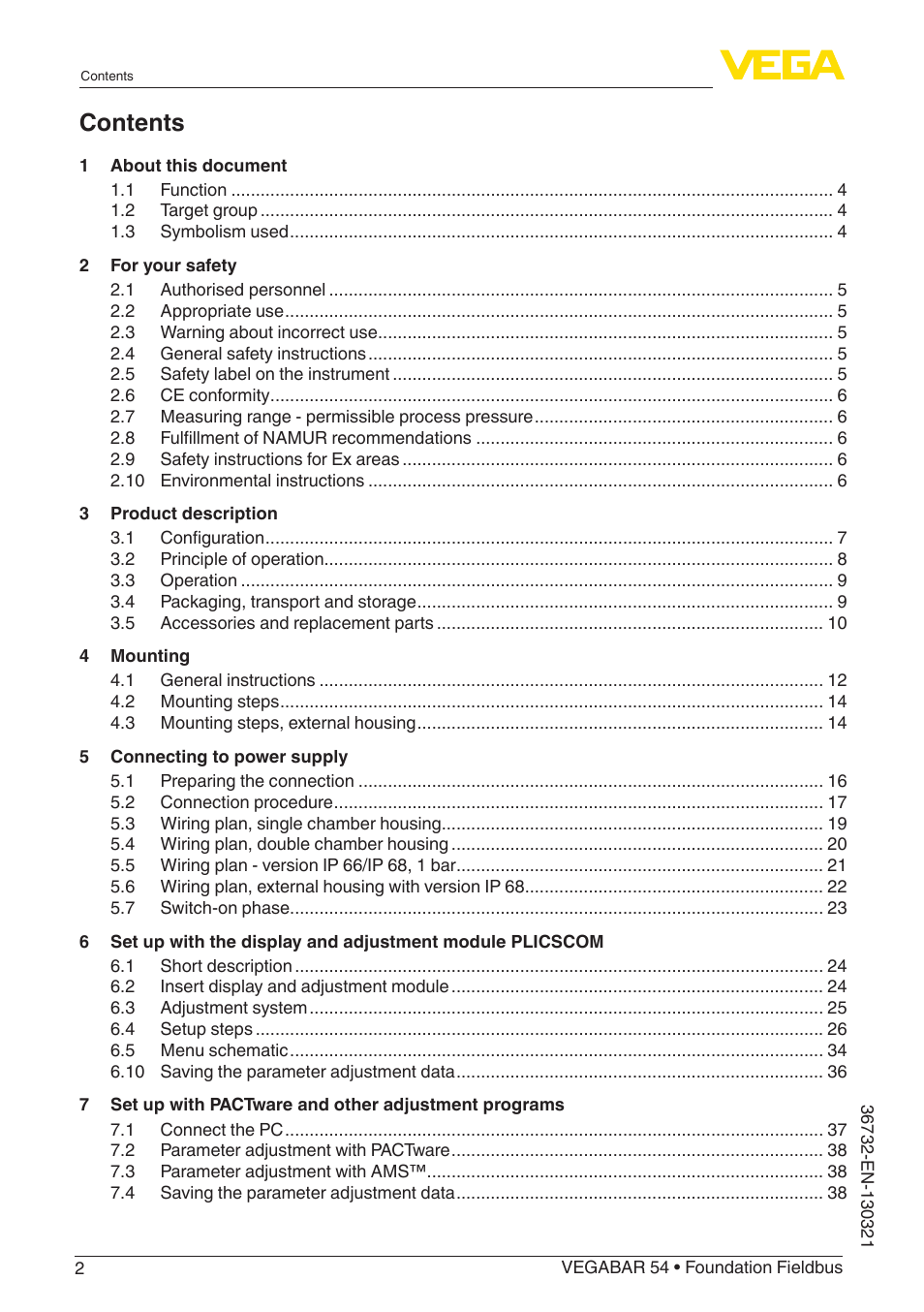 VEGA VEGABAR 54 Foundation Fieldbus User Manual | Page 2 / 72