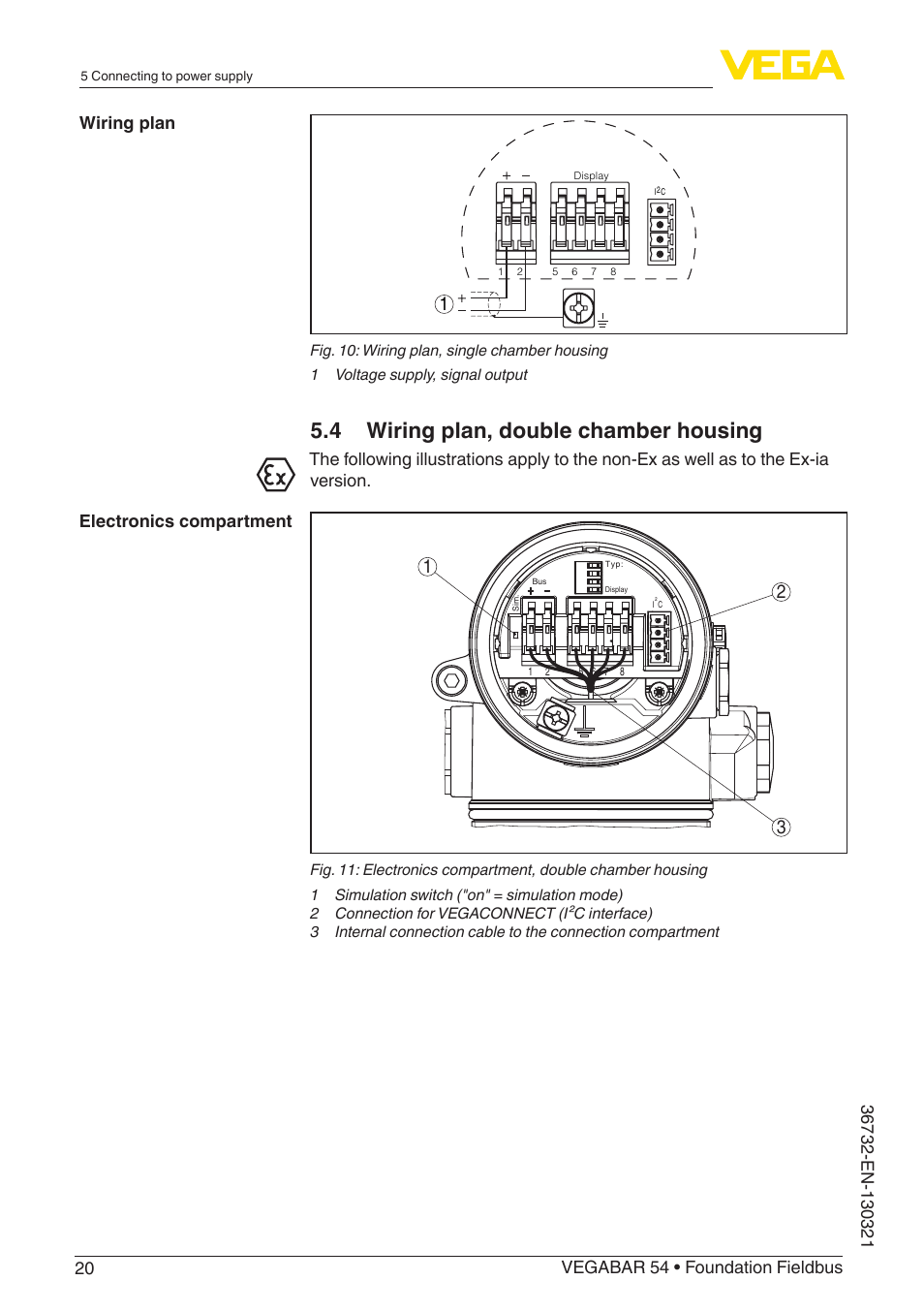 4 wiring plan, double chamber housing, Wiring plan electronics compartment | VEGA VEGABAR 54 Foundation Fieldbus User Manual | Page 20 / 72
