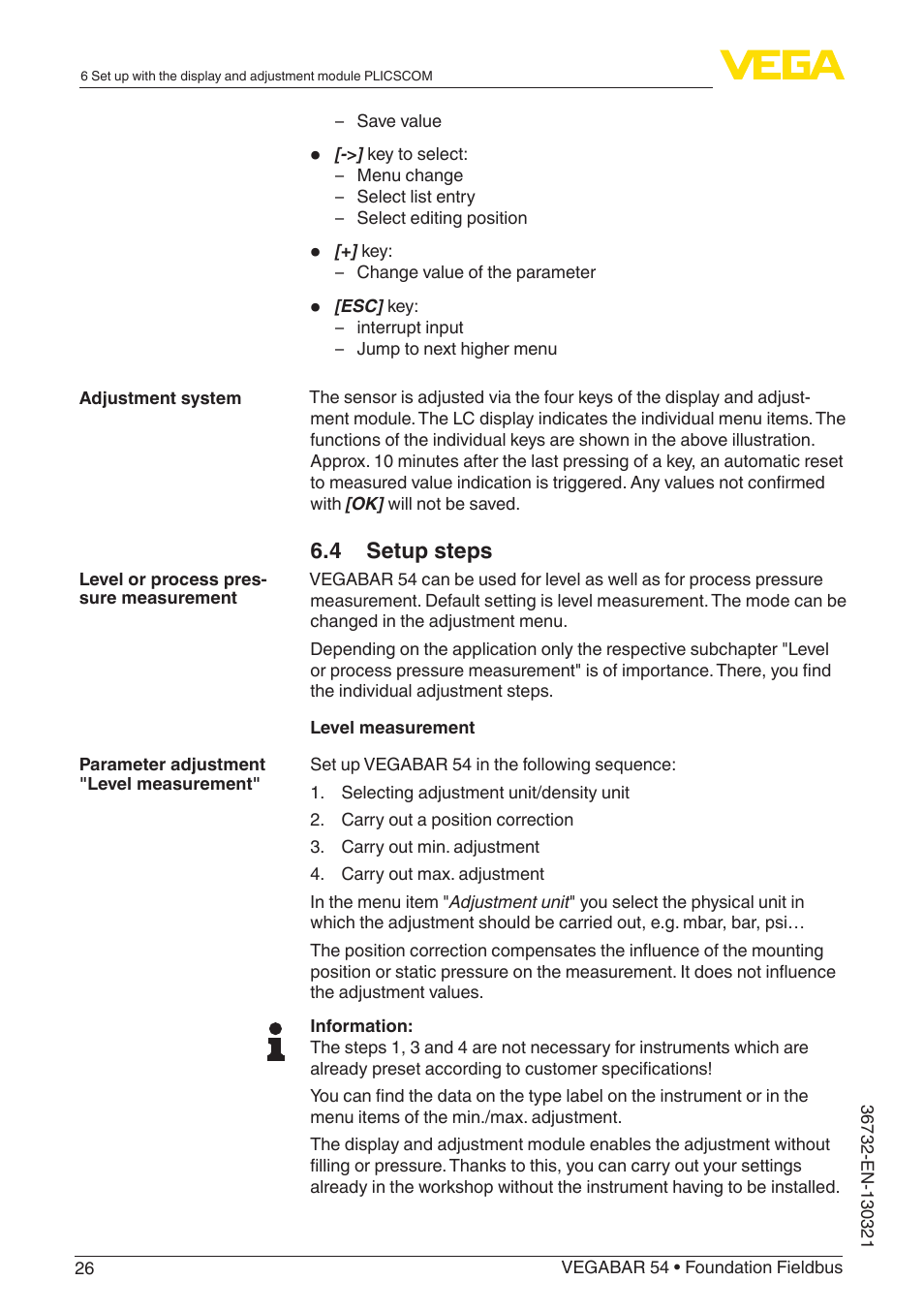 4 setup steps | VEGA VEGABAR 54 Foundation Fieldbus User Manual | Page 26 / 72