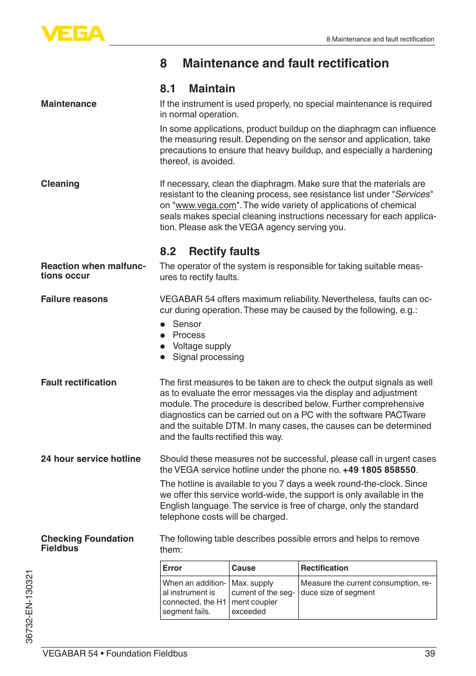 8 maintenance and fault rectification, 1 maintain, 2 rectify faults | VEGA VEGABAR 54 Foundation Fieldbus User Manual | Page 39 / 72