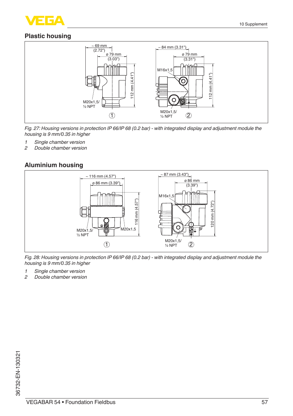 Plastic housing, Aluminium housing | VEGA VEGABAR 54 Foundation Fieldbus User Manual | Page 57 / 72