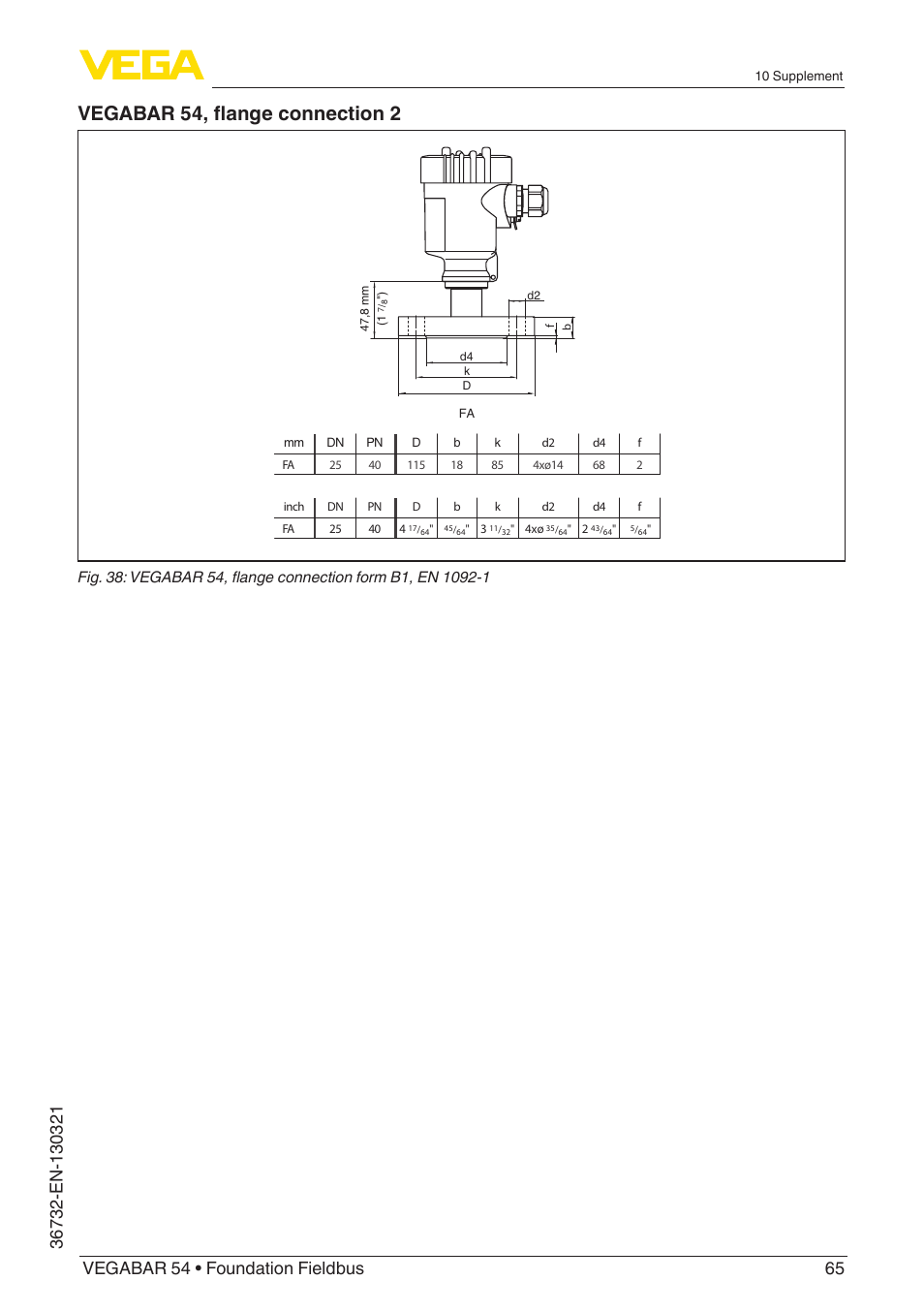 Vegabar 54, flange connection 2 | VEGA VEGABAR 54 Foundation Fieldbus User Manual | Page 65 / 72