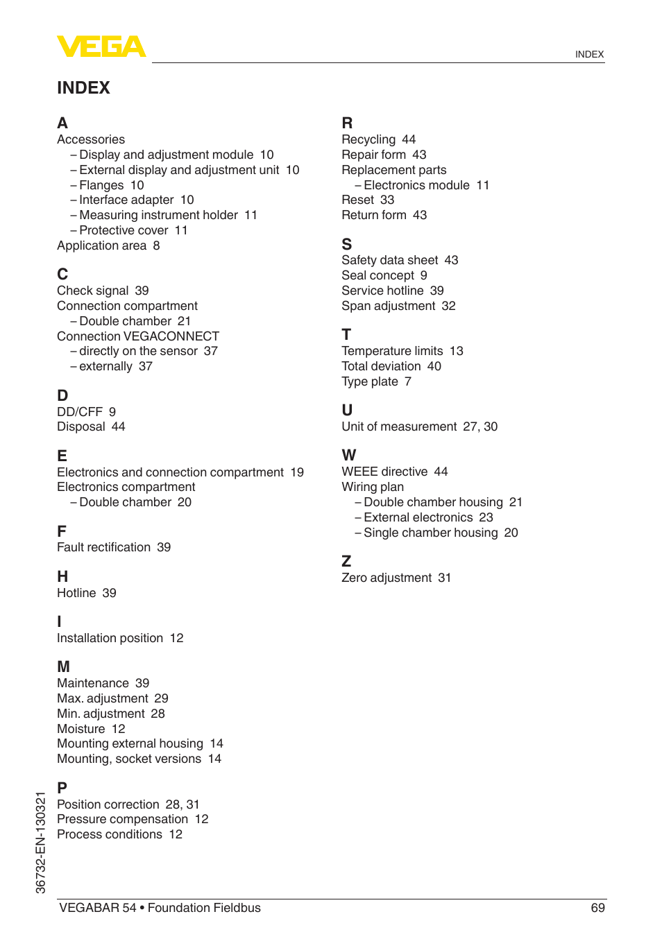 Index | VEGA VEGABAR 54 Foundation Fieldbus User Manual | Page 69 / 72