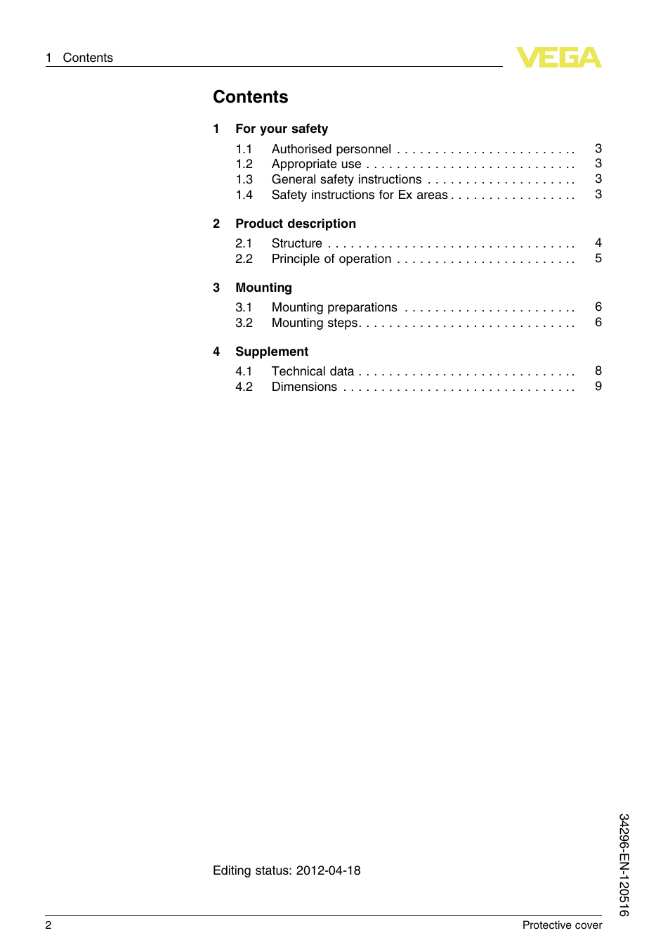 VEGA Protective cover User Manual | Page 2 / 12