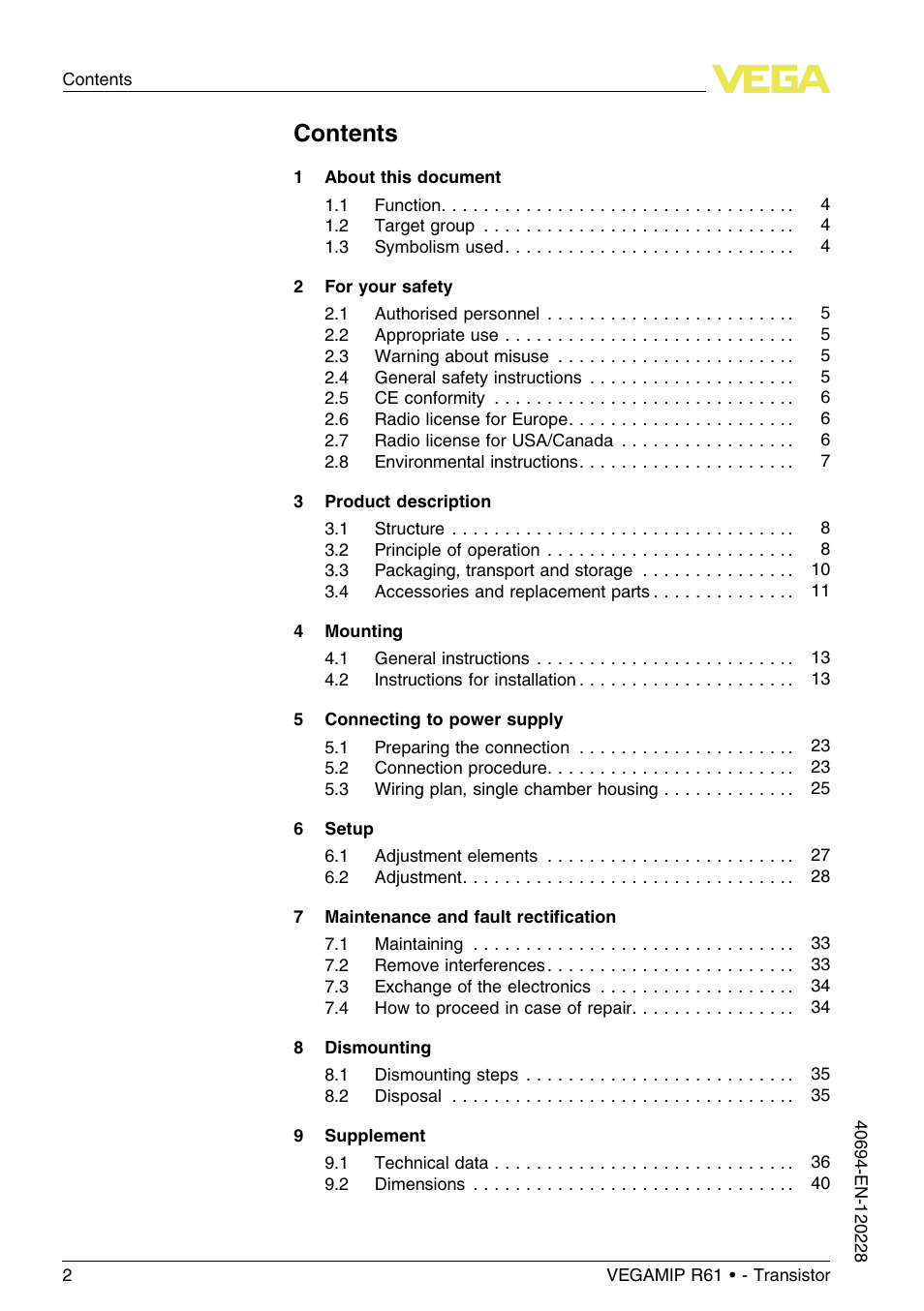 VEGA VEGAMIP R61 Receiving unit - Transistor User Manual | Page 2 / 48