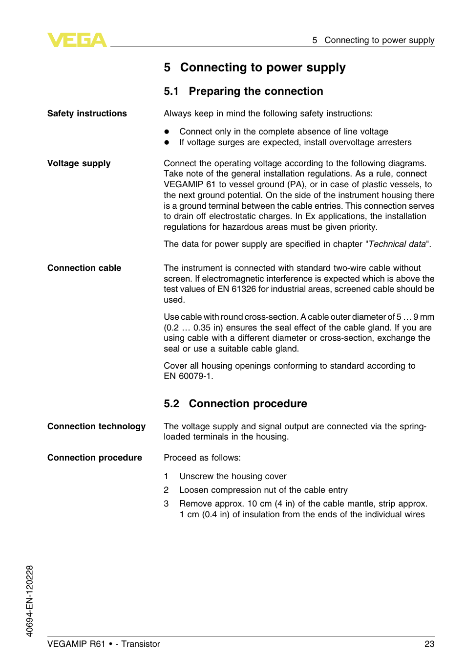 5 connecting to power supply, 1 preparing the connection, 2 connection procedure | 5connecting to power supply | VEGA VEGAMIP R61 Receiving unit - Transistor User Manual | Page 23 / 48