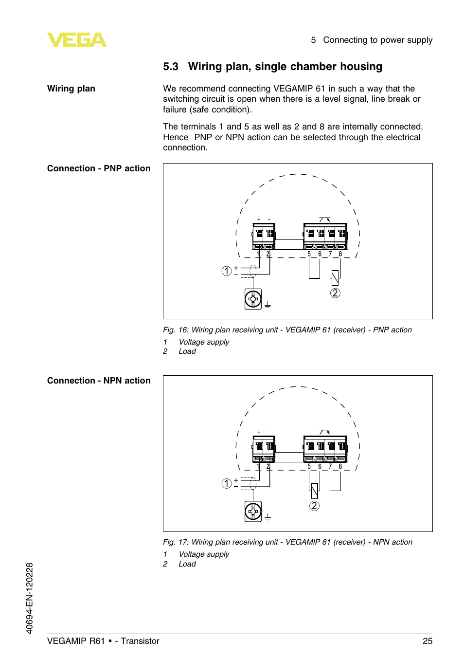 3 wiring plan, single chamber housing | VEGA VEGAMIP R61 Receiving unit - Transistor User Manual | Page 25 / 48