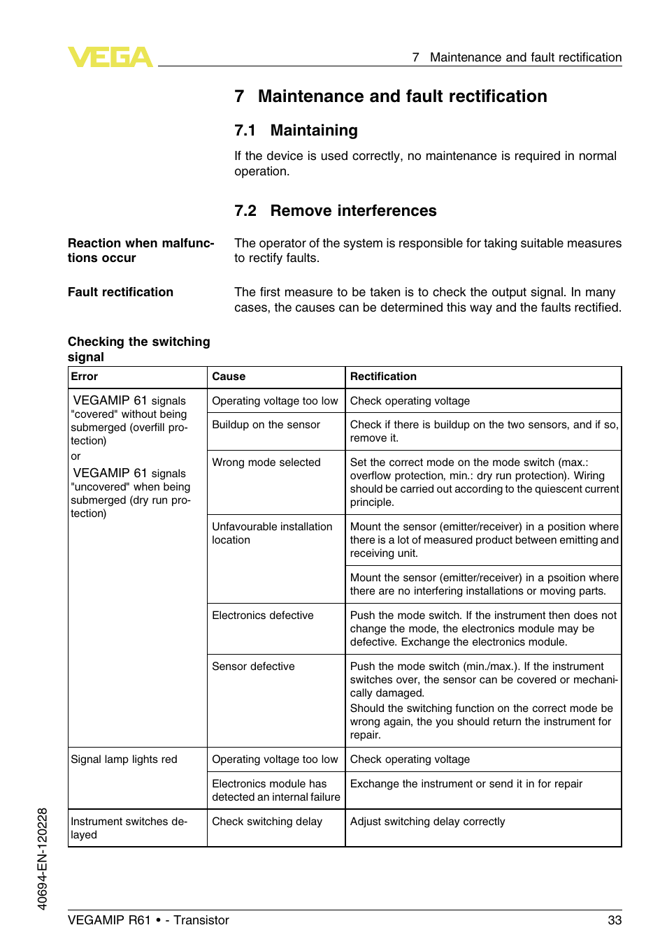 7 maintenance and fault rectification, 1 maintaining, 2 remove interferences | 7maintenance and fault rectiﬁcation | VEGA VEGAMIP R61 Receiving unit - Transistor User Manual | Page 33 / 48