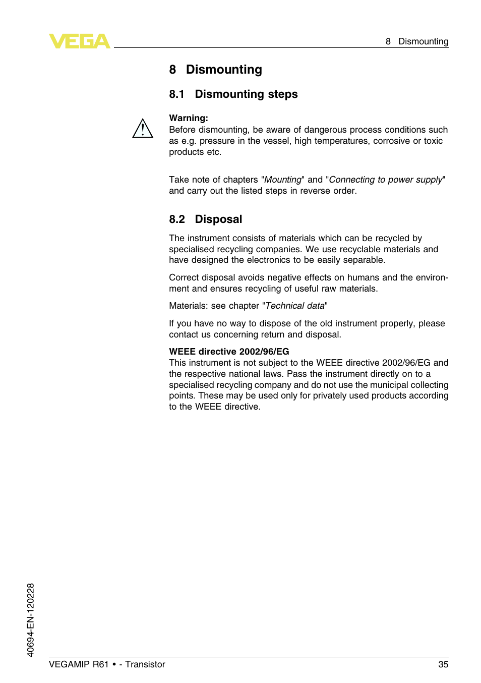 8 dismounting, 1 dismounting steps, 2 disposal | 8dismounting | VEGA VEGAMIP R61 Receiving unit - Transistor User Manual | Page 35 / 48