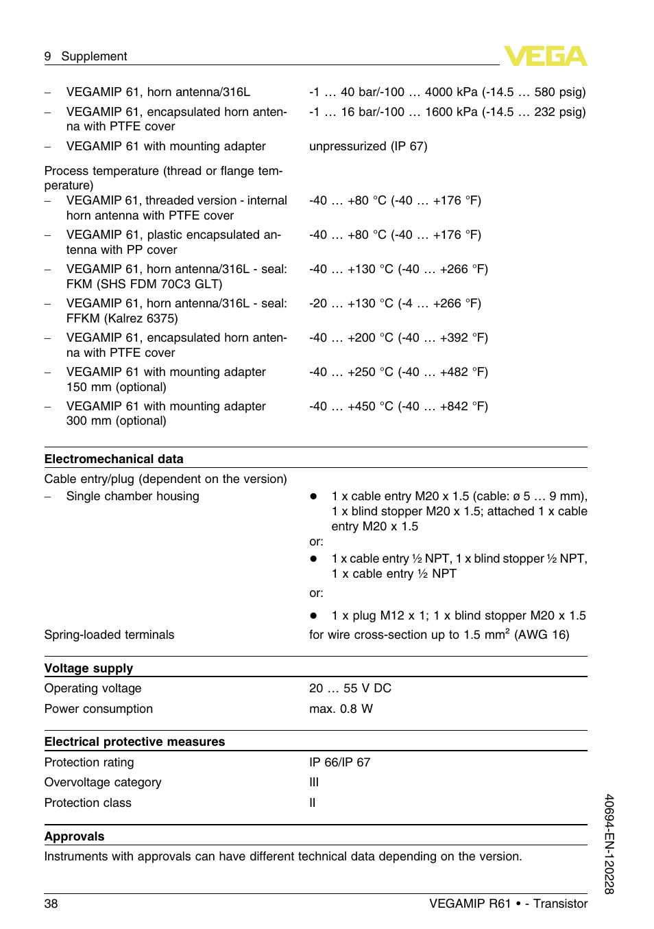 VEGA VEGAMIP R61 Receiving unit - Transistor User Manual | Page 38 / 48