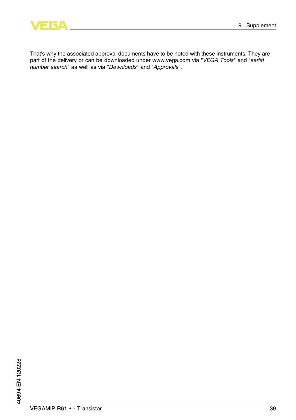 VEGA VEGAMIP R61 Receiving unit - Transistor User Manual | Page 39 / 48