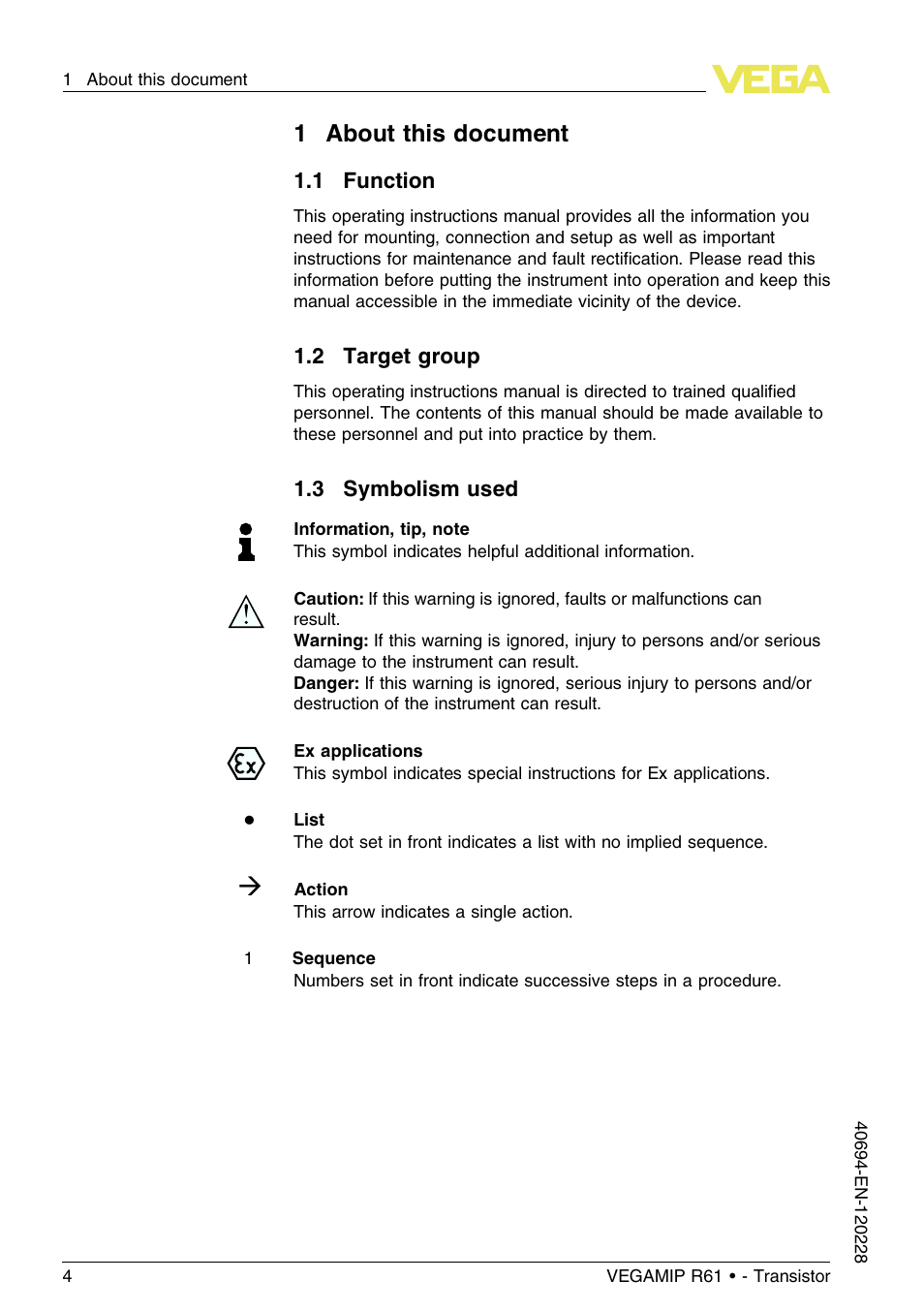 1 about this document, 1 function, 2 target group | 3 symbolism used, 1about this document | VEGA VEGAMIP R61 Receiving unit - Transistor User Manual | Page 4 / 48