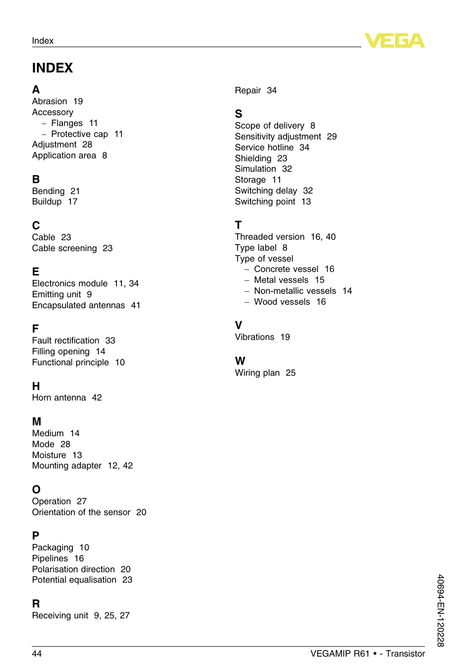 Index | VEGA VEGAMIP R61 Receiving unit - Transistor User Manual | Page 44 / 48