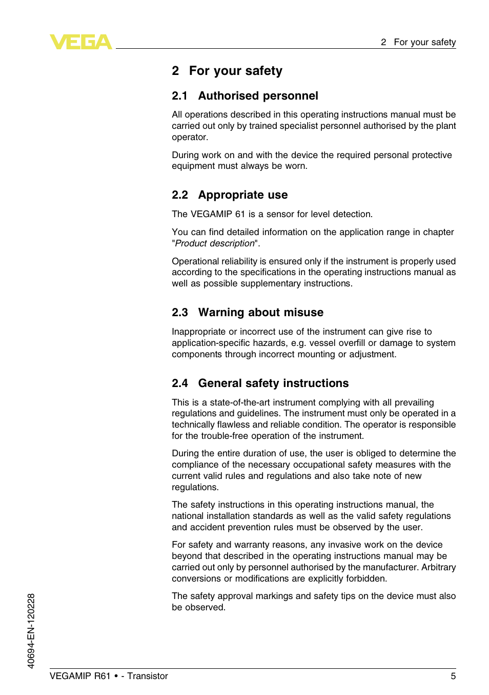 2 for your safety, 1 authorised personnel, 2 appropriate use | 3 warning about misuse, 2for your safety | VEGA VEGAMIP R61 Receiving unit - Transistor User Manual | Page 5 / 48