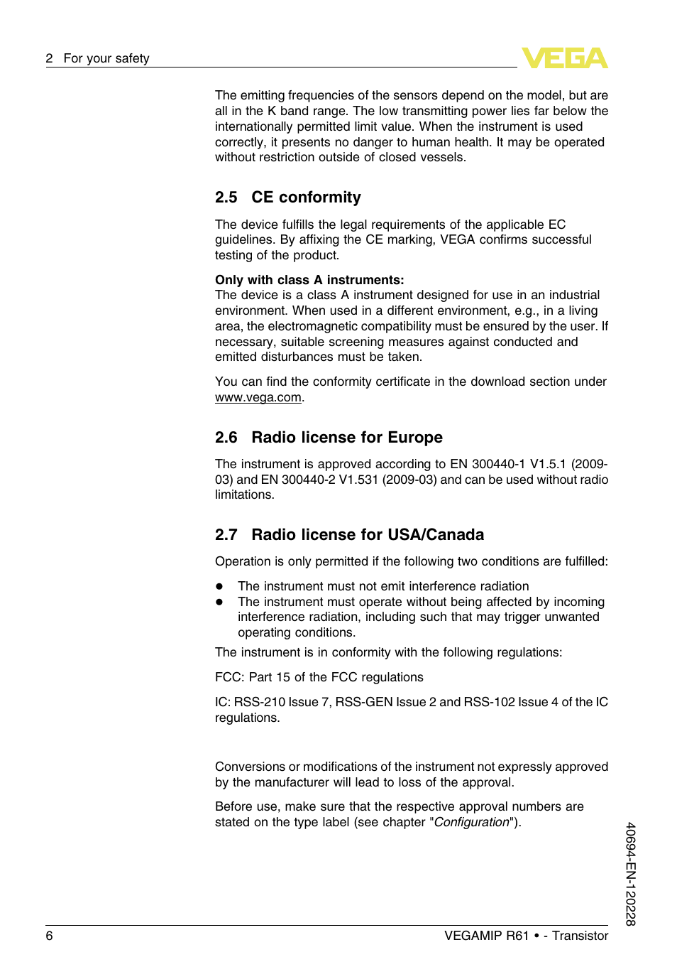 6 radio license for europe, 7 radio license for usa/canada | VEGA VEGAMIP R61 Receiving unit - Transistor User Manual | Page 6 / 48