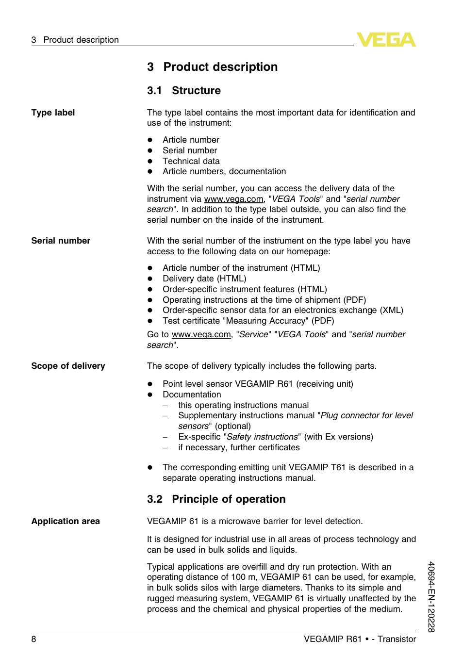 3 product description, 1 structure, 2 principle of operation | 3product description | VEGA VEGAMIP R61 Receiving unit - Transistor User Manual | Page 8 / 48