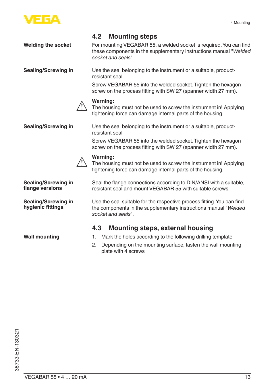 2 mounting steps, 3 mounting steps, external housing | VEGA VEGABAR 55 4 … 20 mA User Manual | Page 13 / 64