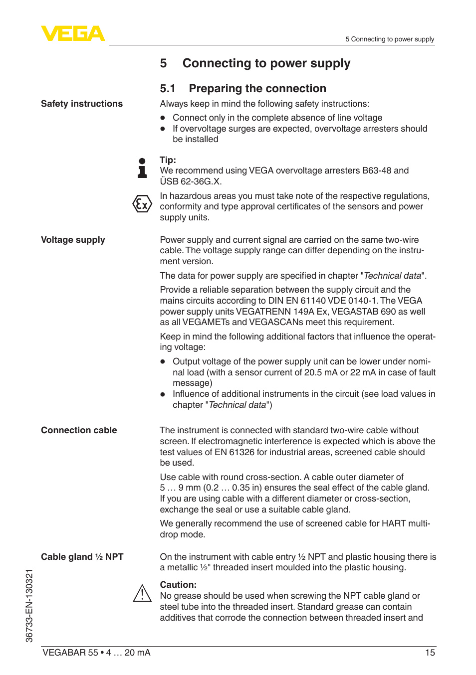 5 connecting to power supply | VEGA VEGABAR 55 4 … 20 mA User Manual | Page 15 / 64