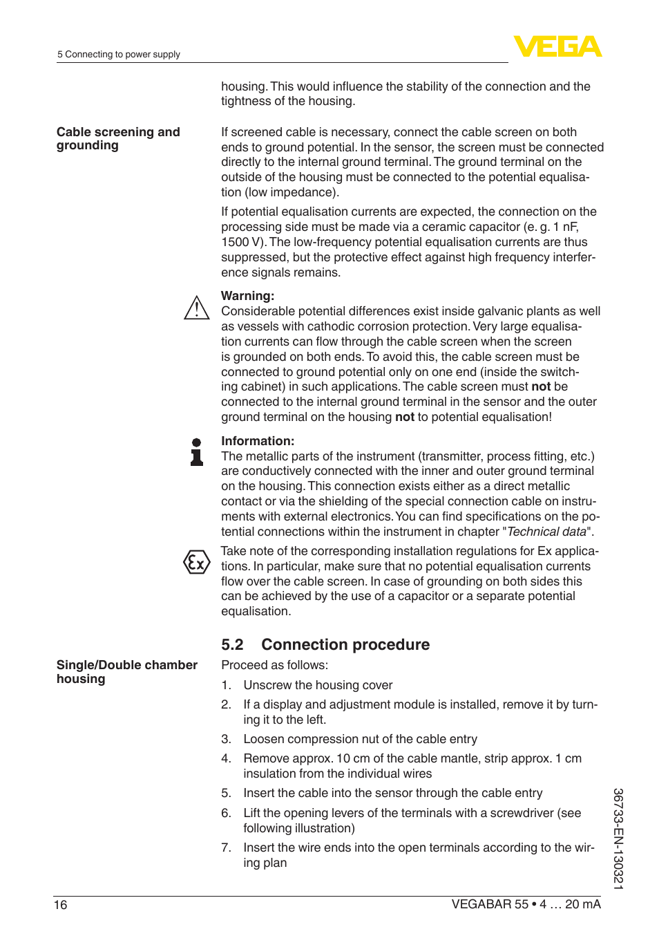 2 connection procedure | VEGA VEGABAR 55 4 … 20 mA User Manual | Page 16 / 64