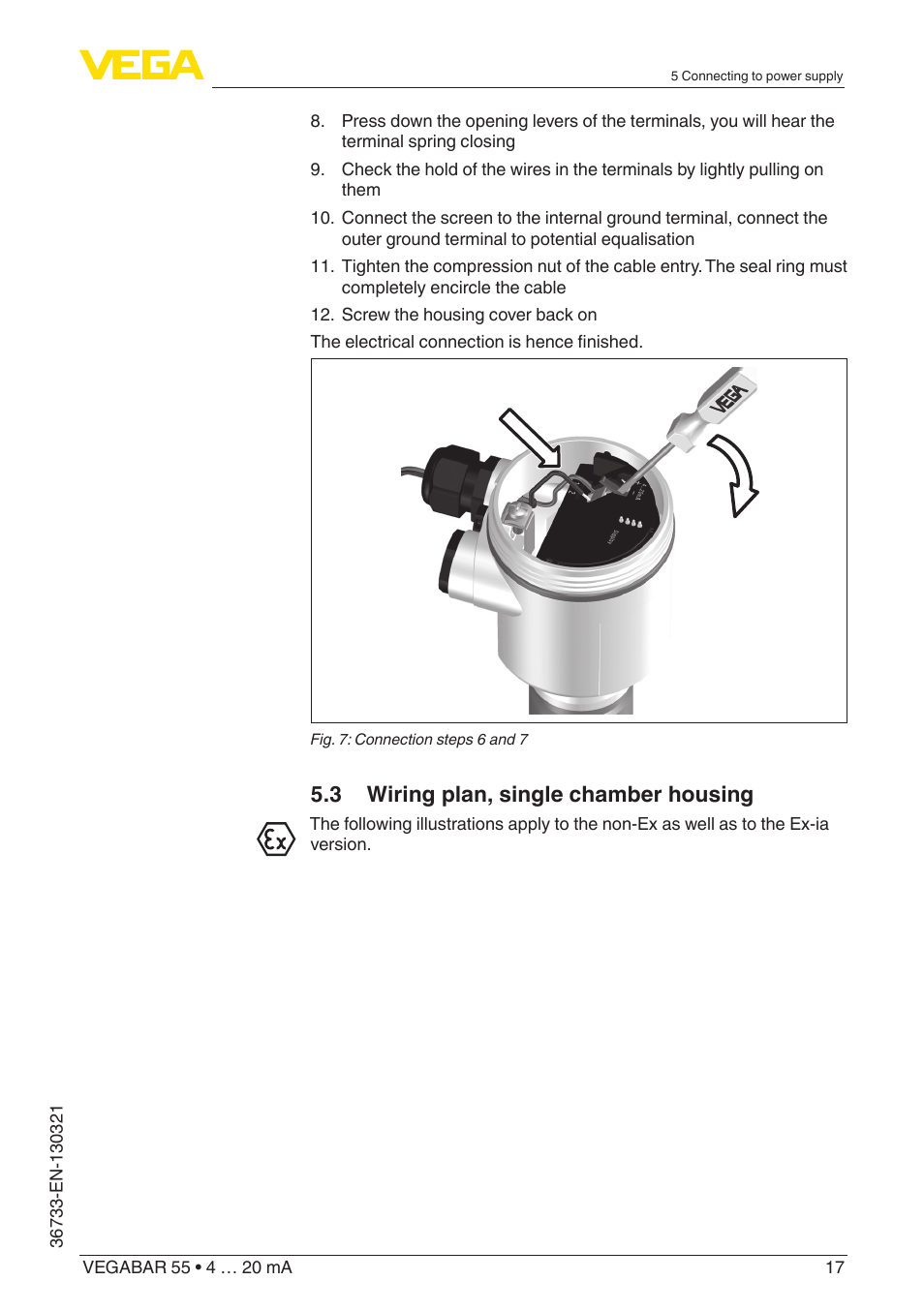 3 wiring plan, single chamber housing | VEGA VEGABAR 55 4 … 20 mA User Manual | Page 17 / 64