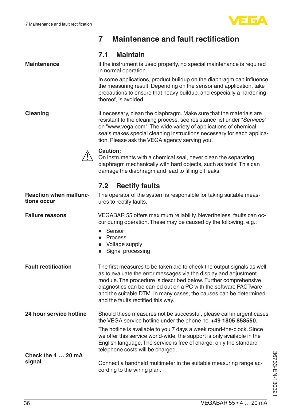7 maintenance and fault rectification | VEGA VEGABAR 55 4 … 20 mA User Manual | Page 36 / 64