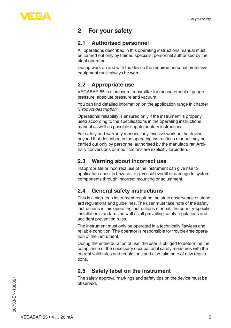 2 for your safety | VEGA VEGABAR 55 4 … 20 mA User Manual | Page 5 / 64