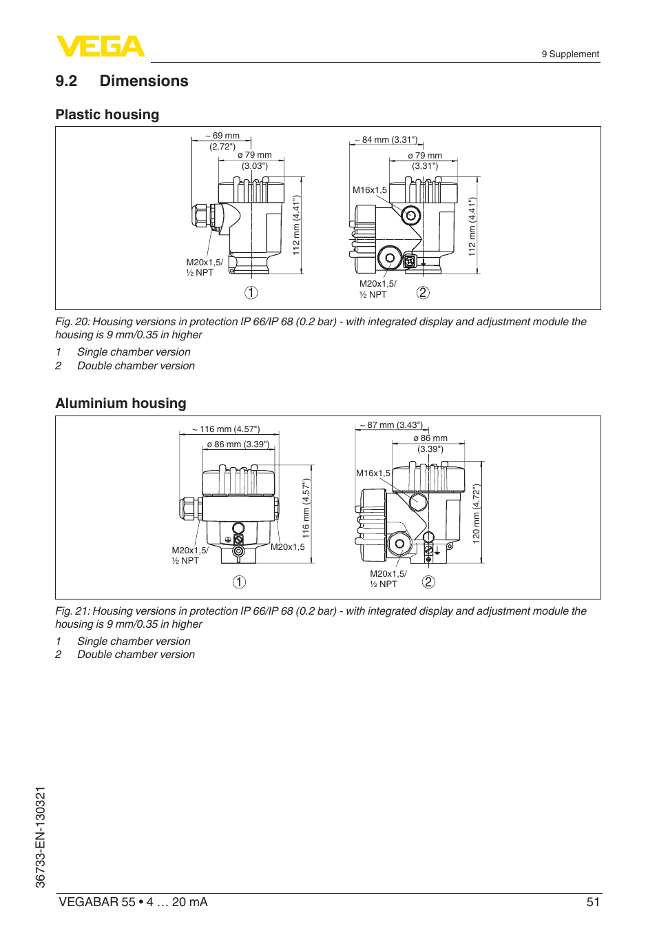 2 dimensions, Plastic housing, Aluminium housing | VEGA VEGABAR 55 4 … 20 mA User Manual | Page 51 / 64