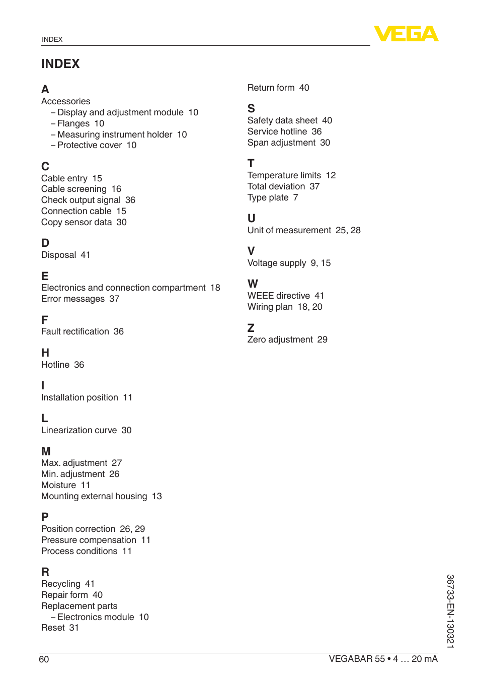 Index | VEGA VEGABAR 55 4 … 20 mA User Manual | Page 60 / 64