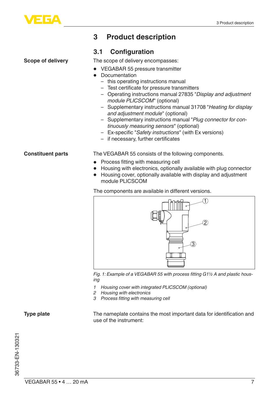 3 product description | VEGA VEGABAR 55 4 … 20 mA User Manual | Page 7 / 64