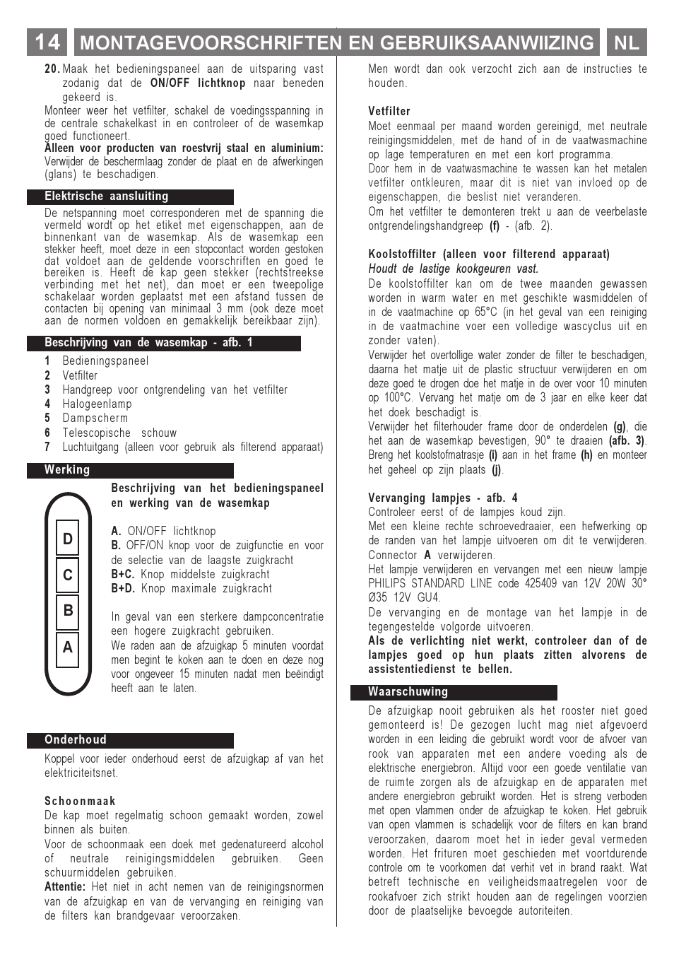 Montagevoorschriften en gebruiksaanwiizing nl, Ab c d | ELICA MENHIR User Manual | Page 15 / 36