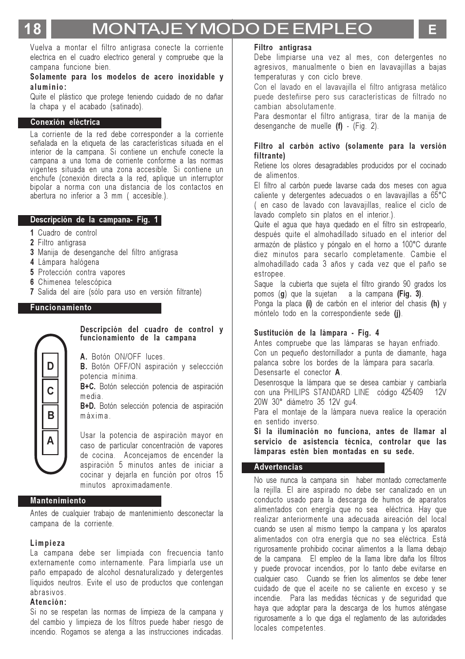 Montaje y modo de empleo, Ab c d | ELICA MENHIR User Manual | Page 19 / 36