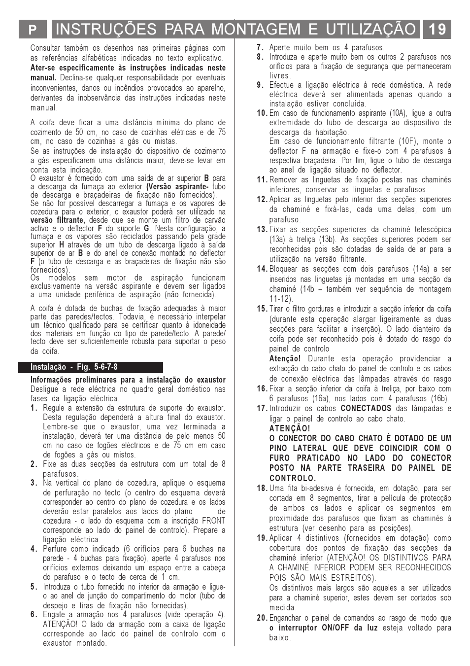 Instruções para montagem e utilização | ELICA MENHIR User Manual | Page 20 / 36