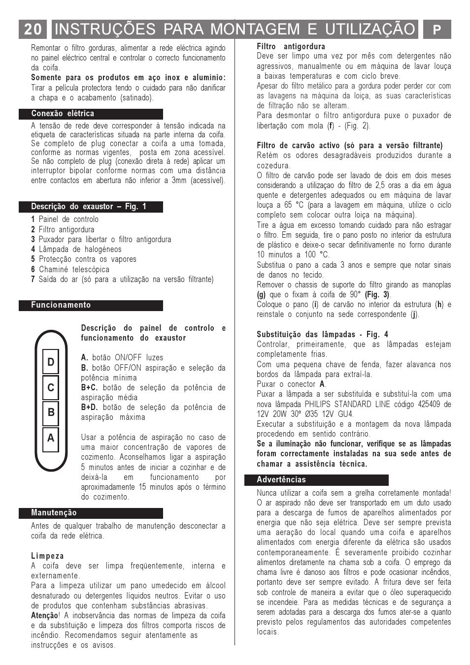 Instruções para montagem e utilização, Ab c d | ELICA MENHIR User Manual | Page 21 / 36