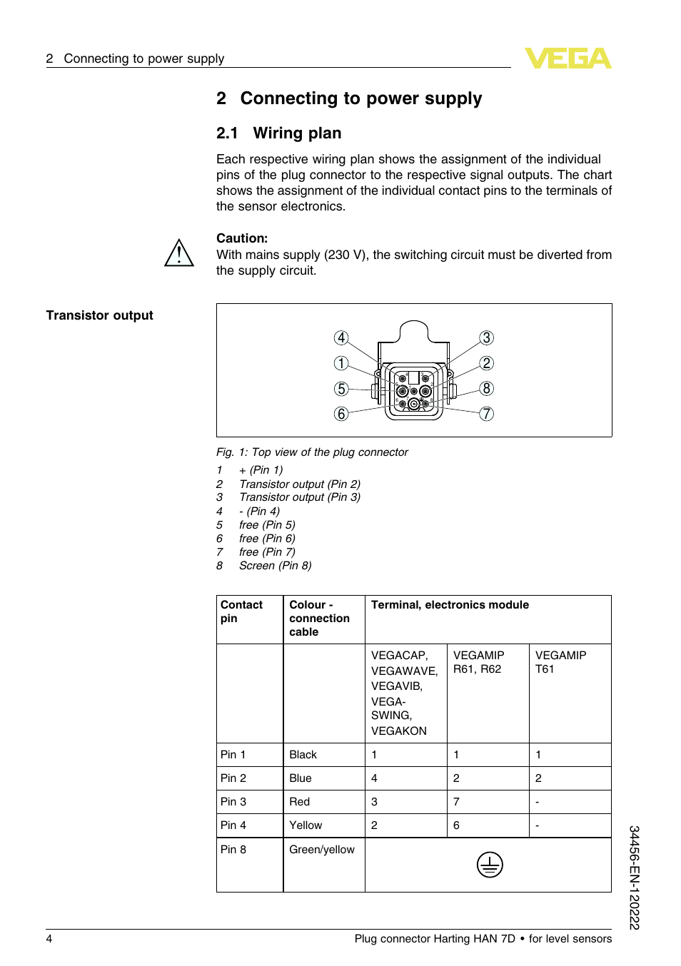 2 connecting to power supply, 1 wiring plan, 2connecting to power supply | 1 w iring plan | VEGA Plug connector Harting HAN 7D for level sensors User Manual | Page 4 / 12