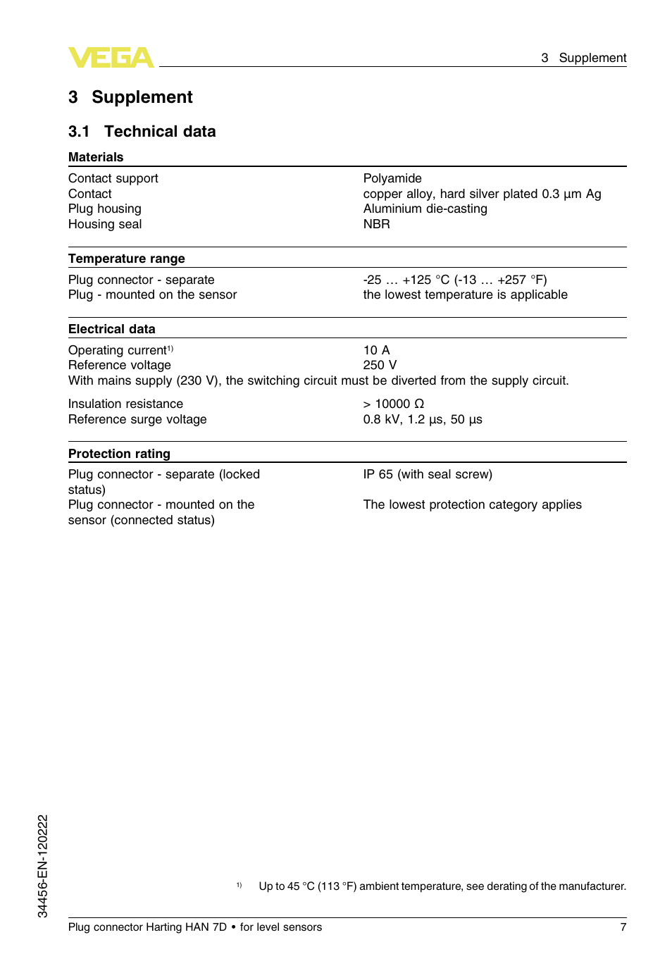 3 supplement, 1 technical data, 3supplement | 1 t echnical data | VEGA Plug connector Harting HAN 7D for level sensors User Manual | Page 7 / 12