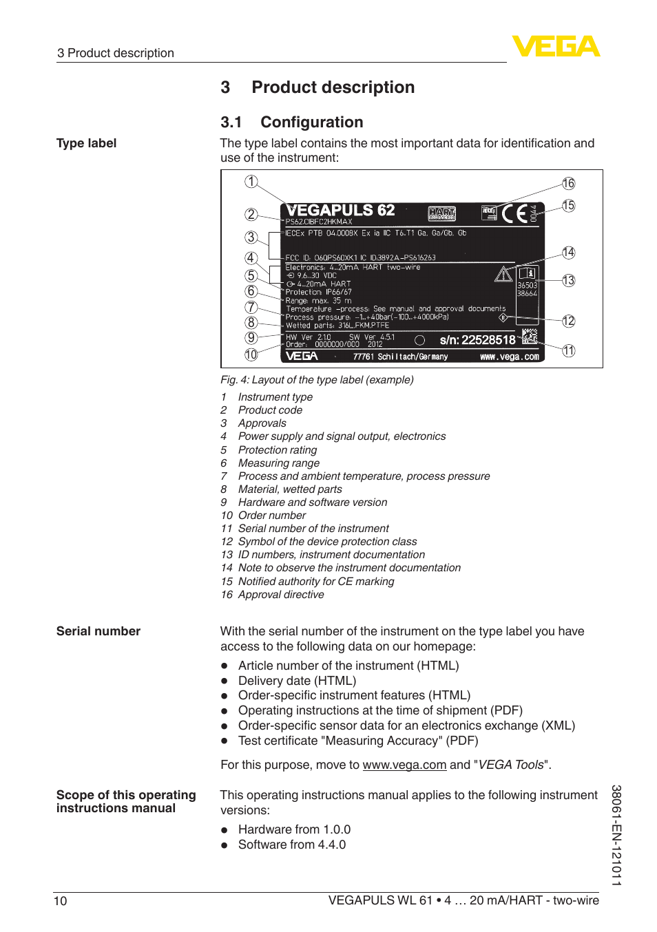 3 product description, 1 configuration | VEGA VEGAPULS WL 61 4 … 20 mA_HART - two-wire User Manual | Page 10 / 60