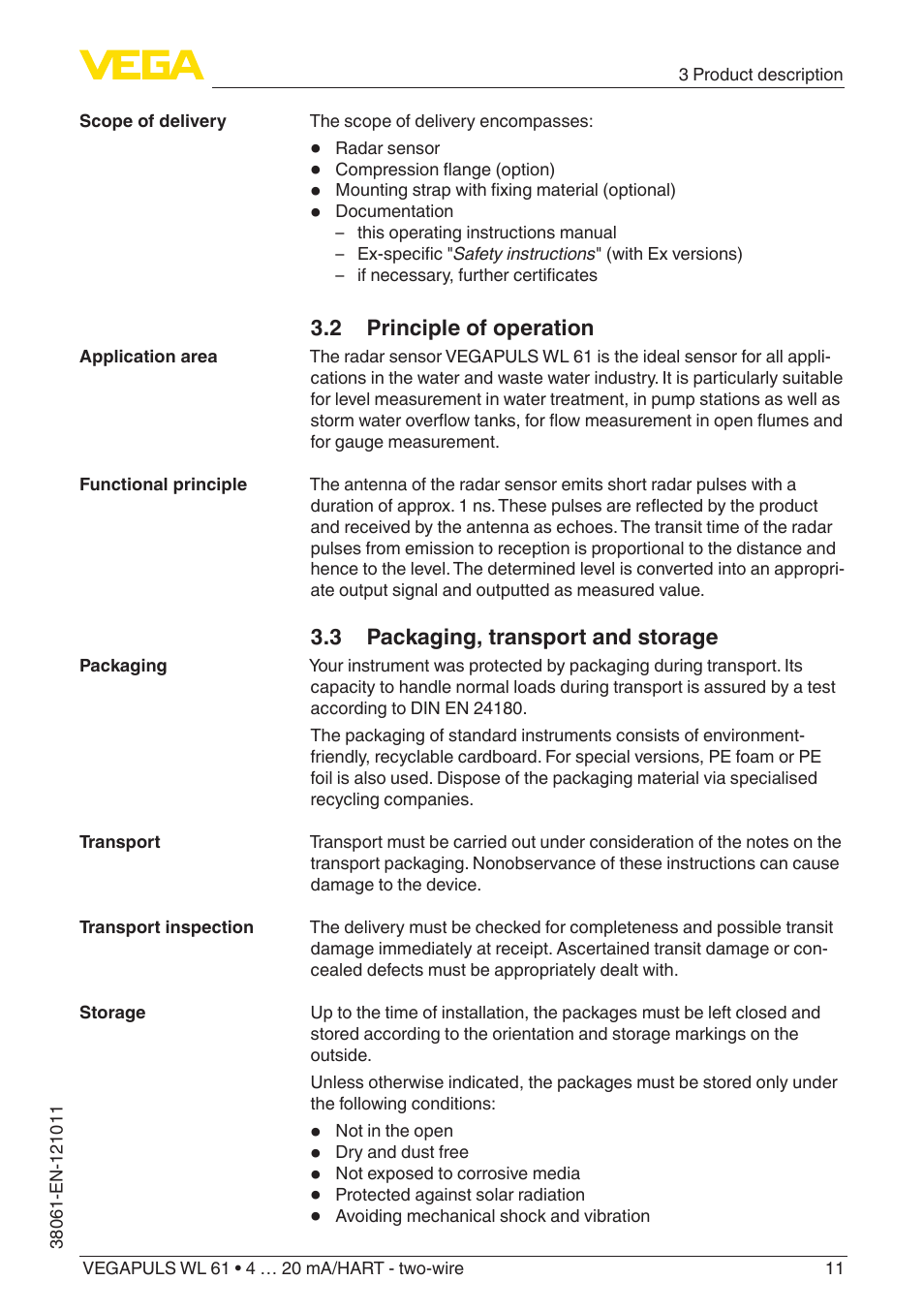 2 principle of operation, 3 packaging, transport and storage | VEGA VEGAPULS WL 61 4 … 20 mA_HART - two-wire User Manual | Page 11 / 60