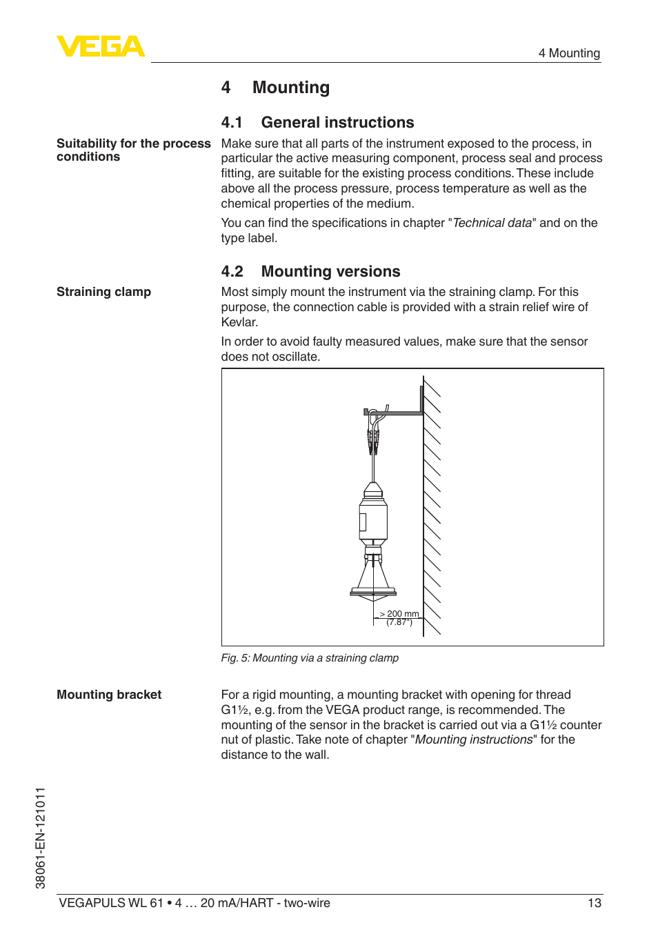 4 mounting, 1 general instructions, 2 mounting versions | VEGA VEGAPULS WL 61 4 … 20 mA_HART - two-wire User Manual | Page 13 / 60