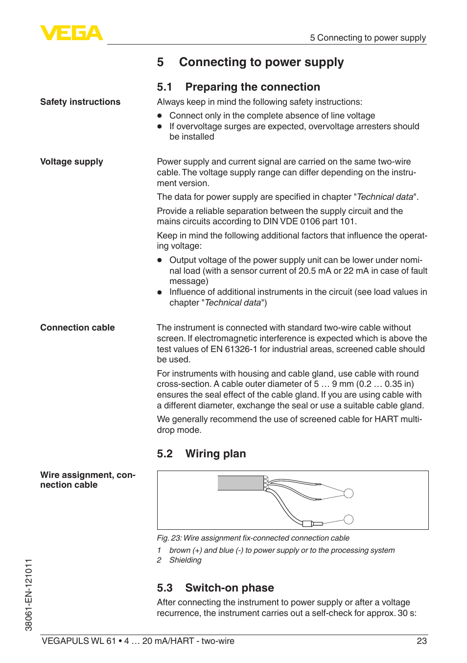 5 connecting to power supply, 1 preparing the connection, 2 wiring plan | 3 switch-on phase | VEGA VEGAPULS WL 61 4 … 20 mA_HART - two-wire User Manual | Page 23 / 60