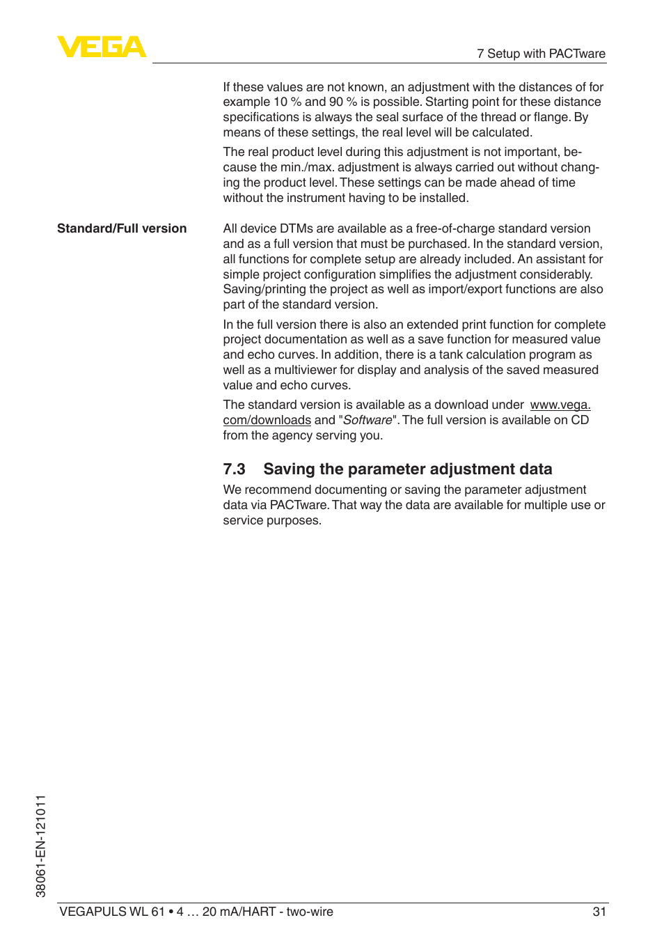 3 saving the parameter adjustment data | VEGA VEGAPULS WL 61 4 … 20 mA_HART - two-wire User Manual | Page 31 / 60