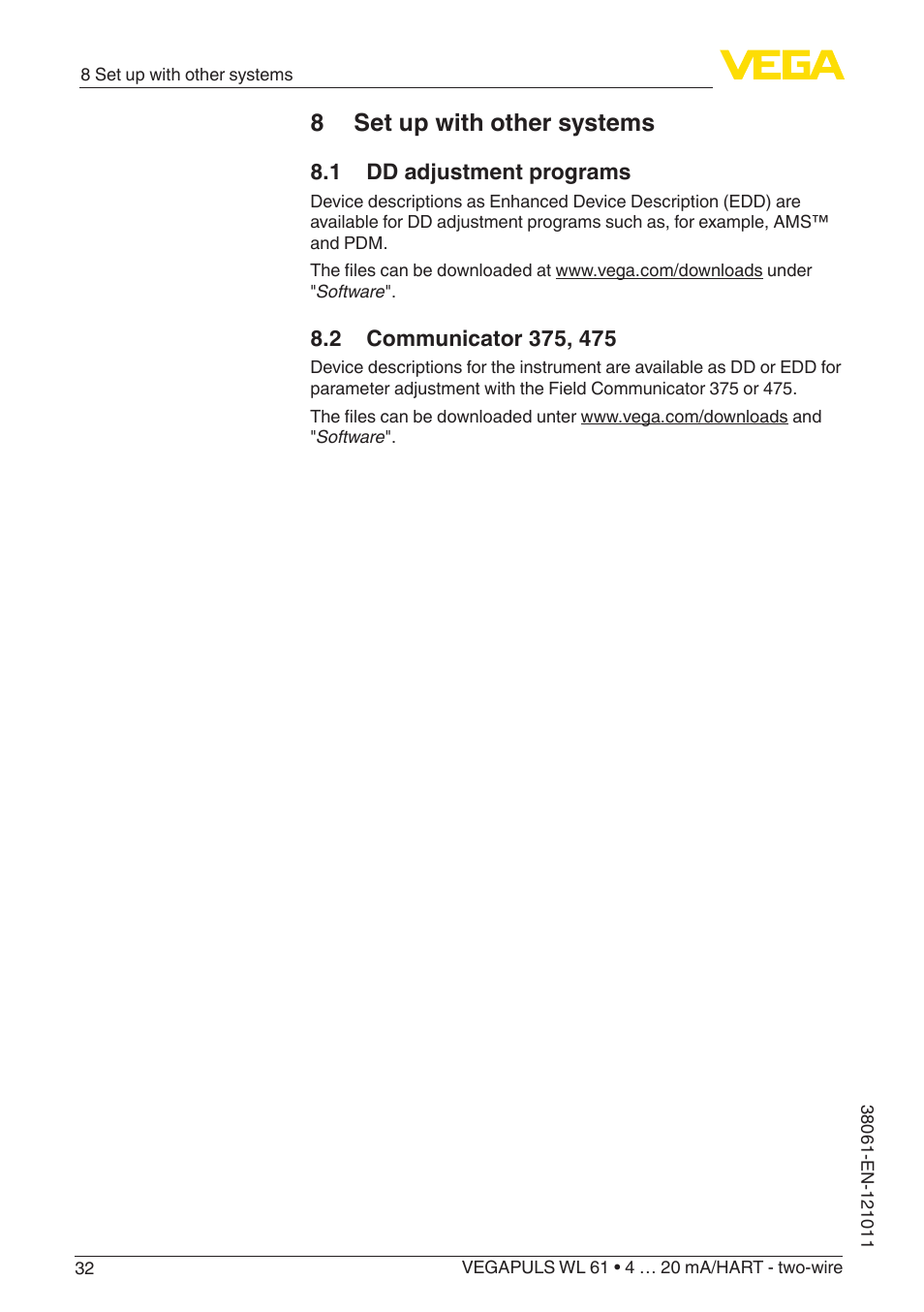 8 set up with other systems, 1 dd adjustment programs, 2 communicator 375, 475 | VEGA VEGAPULS WL 61 4 … 20 mA_HART - two-wire User Manual | Page 32 / 60