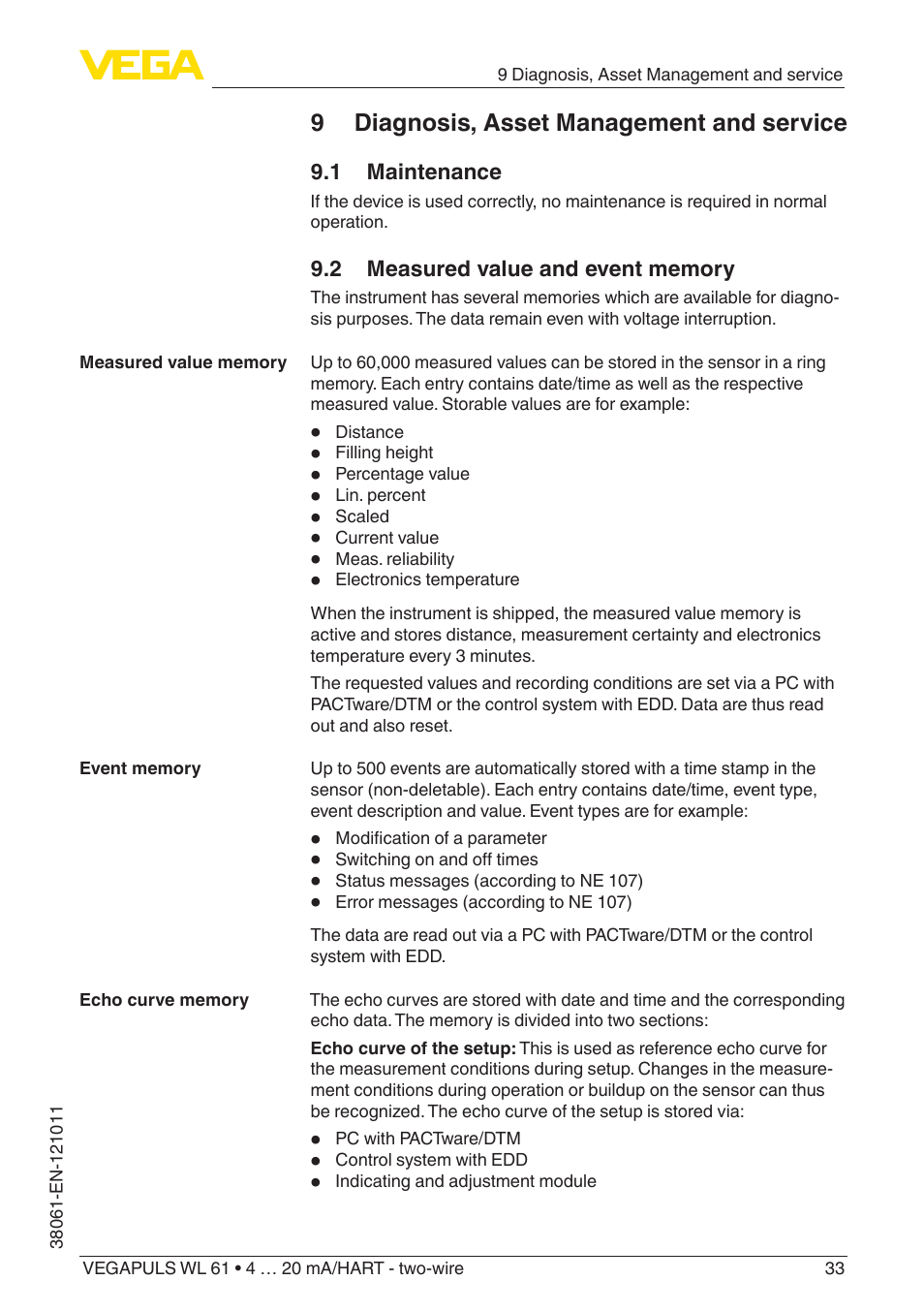 9 diagnosis, asset management and service, 1 maintenance, 2 measured value and event memory | VEGA VEGAPULS WL 61 4 … 20 mA_HART - two-wire User Manual | Page 33 / 60