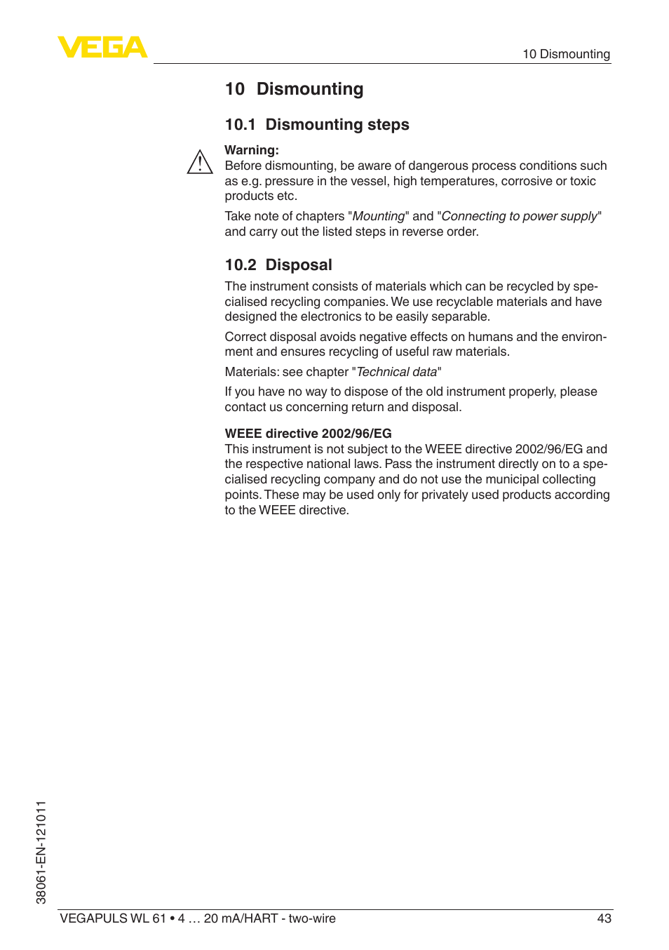10 dismounting, 1 dismounting steps, 2 disposal | VEGA VEGAPULS WL 61 4 … 20 mA_HART - two-wire User Manual | Page 43 / 60