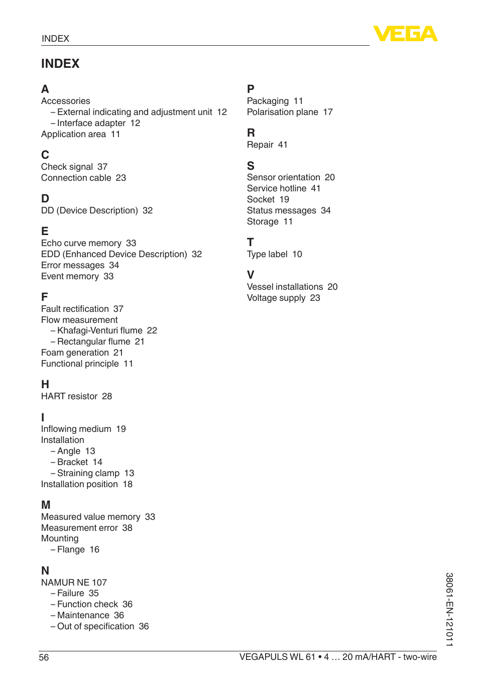 Index | VEGA VEGAPULS WL 61 4 … 20 mA_HART - two-wire User Manual | Page 56 / 60