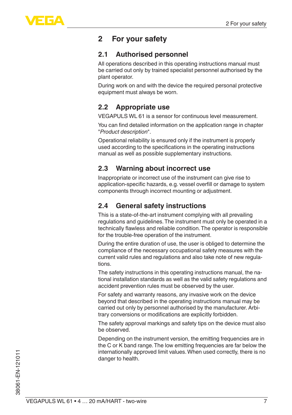 2 for your safety, 1 authorised personnel, 2 appropriate use | 3 warning about incorrect use, 4 general safety instructions | VEGA VEGAPULS WL 61 4 … 20 mA_HART - two-wire User Manual | Page 7 / 60