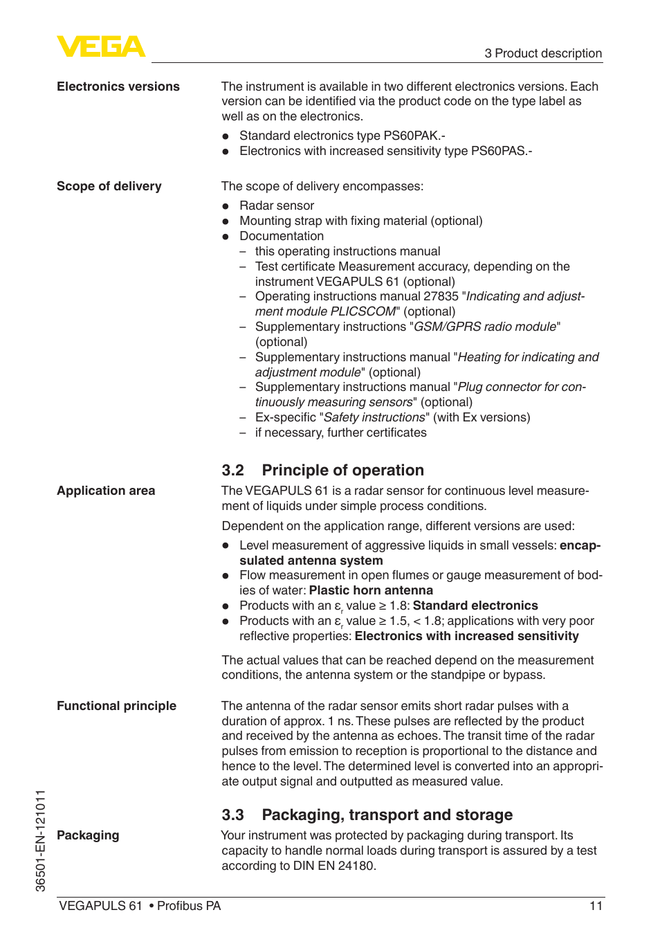 2 principle of operation, 3 packaging, transport and storage | VEGA VEGAPULS 61 (≥ 2.0.0 - ≥ 4.0.0) Profibus PA User Manual | Page 11 / 88